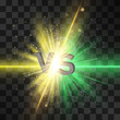 Green neon and yell lightning flash versus, vs letters for sports, fight, competition. Battle, match, game, political confrontation on transparent background. Stardust and glitter around explosion.