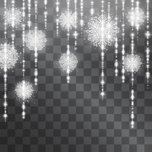 Snowflake Garland Silver Light Tinsel Light Effect,  Decorative Icicle Hanging Garland, Blue Glitter Curtains For Christmas, Winter Holidays. Shining Sparkling Stars For Celebration Banners, Posters.