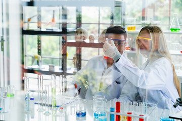 Two scientist looking at medical testing result in glass tube while doing research in science laboratory