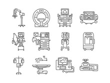 Medical Devices Line Black Icons Set. MRI, Anesthesia Machine, Syringe Pump, Dropper, Defibrillator, Signs For Web Page, Mobile App. Vector Isolated Elements. Editable Stroke.