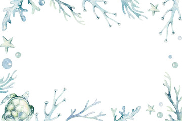 set of sea animals. blue watercolor ocean fish, turtle, whale and coral. shell aquarium background. 
