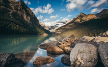 Long Exposure Image Of Lake Louise In The Rocky Mountains Of Alberta.