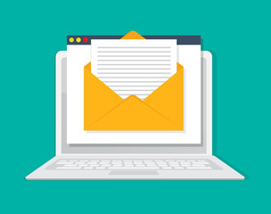 Poster - Laptop with envelope and document on screen,  e-mail document, vector illustration
