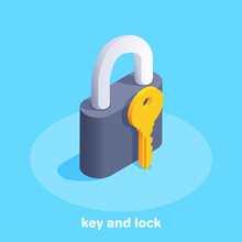 Isometric Vector Image On A Blue Background, Black Lock And Golden Key Icon