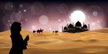 Muslim Woman Praying During Sunset With Mosque Background, Panorama Landscape Of A Girl Praying With Desert Background During The Month Of Ramadan, Concept Of The Islamic Religion