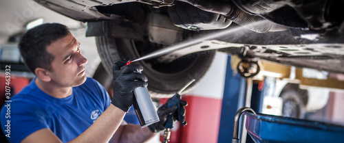 Fotografía Car master mechanic repairer lubricates screws with machine cleaner spray