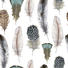 Watercolor Bird Feather Seamless Pattern For Easter. Hand Painted Blue, Striped And Polka Dot Feathers Isolated On White Background. Wildlife Illustration For Design, Print, Fabric Or Background.