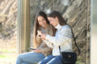 © Antonioguillem - Two happy women waiting in a bus stop checking phones