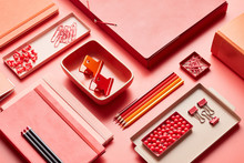 High Angle View Of Office Supplies On Desk