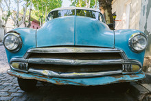 Blue Vintage Car In Latin America.