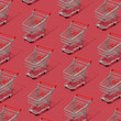 © Yaroslav Danylchenko/Stocksy - Many metal shopping carts on a red background with reflection of the shadows. Layout pattern with shopping concept. Flat lay