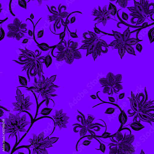Watercolor seamless pattern with paisley flowers in ethnic style. Floral deco...