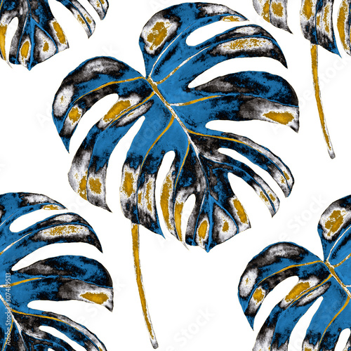 Watercolor seamless pattern with tropical leaves and flowers. Beautiful allov...