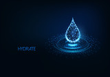 Fototapeta Łazienka - Futuristic glowing low polygonal water drop with splash ripples isolated on dark blue background