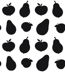 Sticker - Vector seamless pattern of black different fruit silhouette isolated on white background