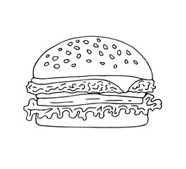 Wall Mural - Vector hand drawn doodle sketch outline cheese burger isolated on white background