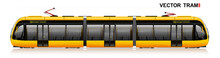 The Modern City Tram Is Yellow. Side View. Eco-friendly Electric Transport. Way To Work And Home.
