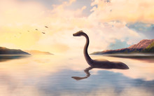 The Loch Ness Monster Looks At The Birds At Sunset.