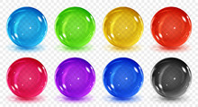 Set Of Translucent Colored Spheres With Shadows On Transparent Background. Transparency Only In Vector Format
