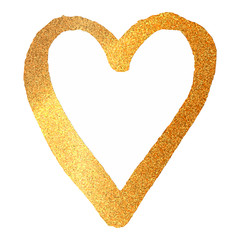 Poster - Gold heart on white background. Metallic style. Abstract golden bright light. Glitter heart. Love, wedding concept. Gold glitter texture. Abstract vector illustration. Valentine day concept.