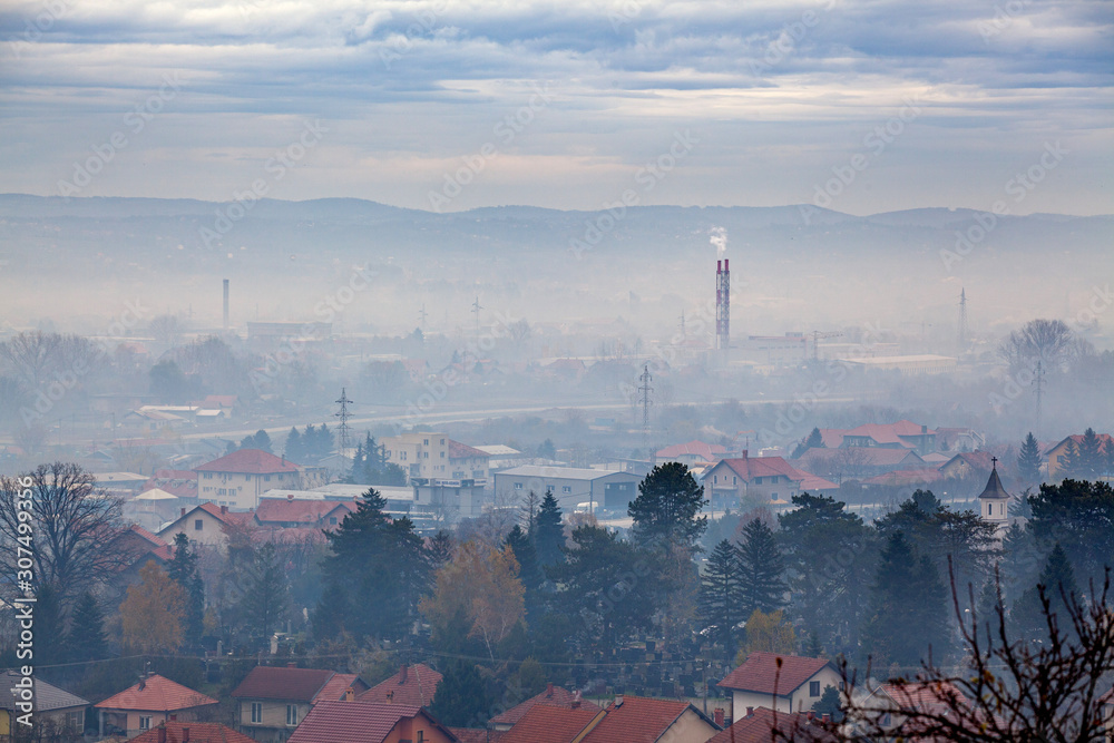 Fog, smog and smoke in Air pollution - Valjevo, West Serbia, Europe - obrazy, fototapety, plakaty 