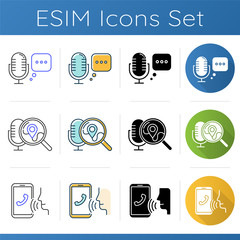 Sticker - Search request icons set. Microphone using modes. Modern audio equipment. Audio control application. Music recording technology. Linear, black and color styles. Isolated vector illustrations