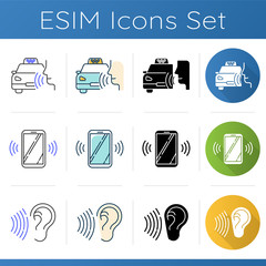 Sticker - Audio control program icons set. Cab call app. Ringing smartphone, soundwave. Voice controlled application. Digital devices. Linear, black and color styles. Isolated vector illustrations