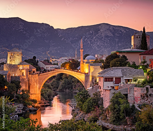 Amazing Mostar Bridge in sunset colors