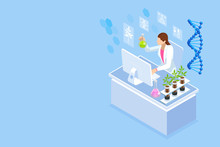 Isometric Concept Of Laboratory Exploring New Methods Of Plant Breeding And Agricultural Genetics. Plants Growing In The Test Tubes.