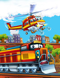 Fototapeta Dinusie - Cartoon funny looking steam train on the train station near the city and flying fireman helicopter - illustration for children