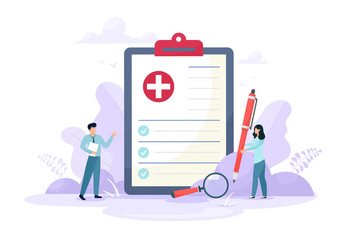 Medical form, medical report. Characters.Clipboard with a cross, pen and check marks. Informed consent, prescription, application form, health insurance, medical history concepts. Vector cartoon flat