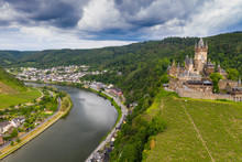 Aerial View Of Castle Against Cloudy Sky In Town, Cochem, Germany