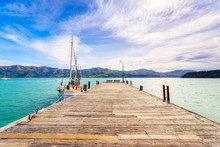 New Zealand, South Island, Akaroa, Scenic View Of Sea Pier