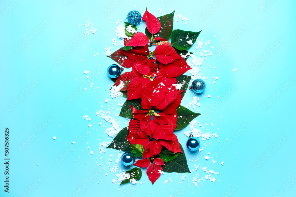 Beautiful Christmas composition with poinsettia on color background