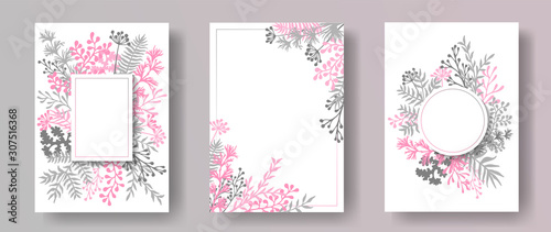 Wild herb twigs, tree branches, leaves floral invitation cards templates. Her...