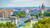 Budapest cityscape at Danube river. Chain bridge, St. Stephen's Basilica.
