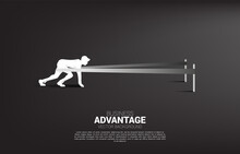 Business Concept Of And Business Advantage. Silhouette Of Businessman Ready To Run With Catapult Sling Shot