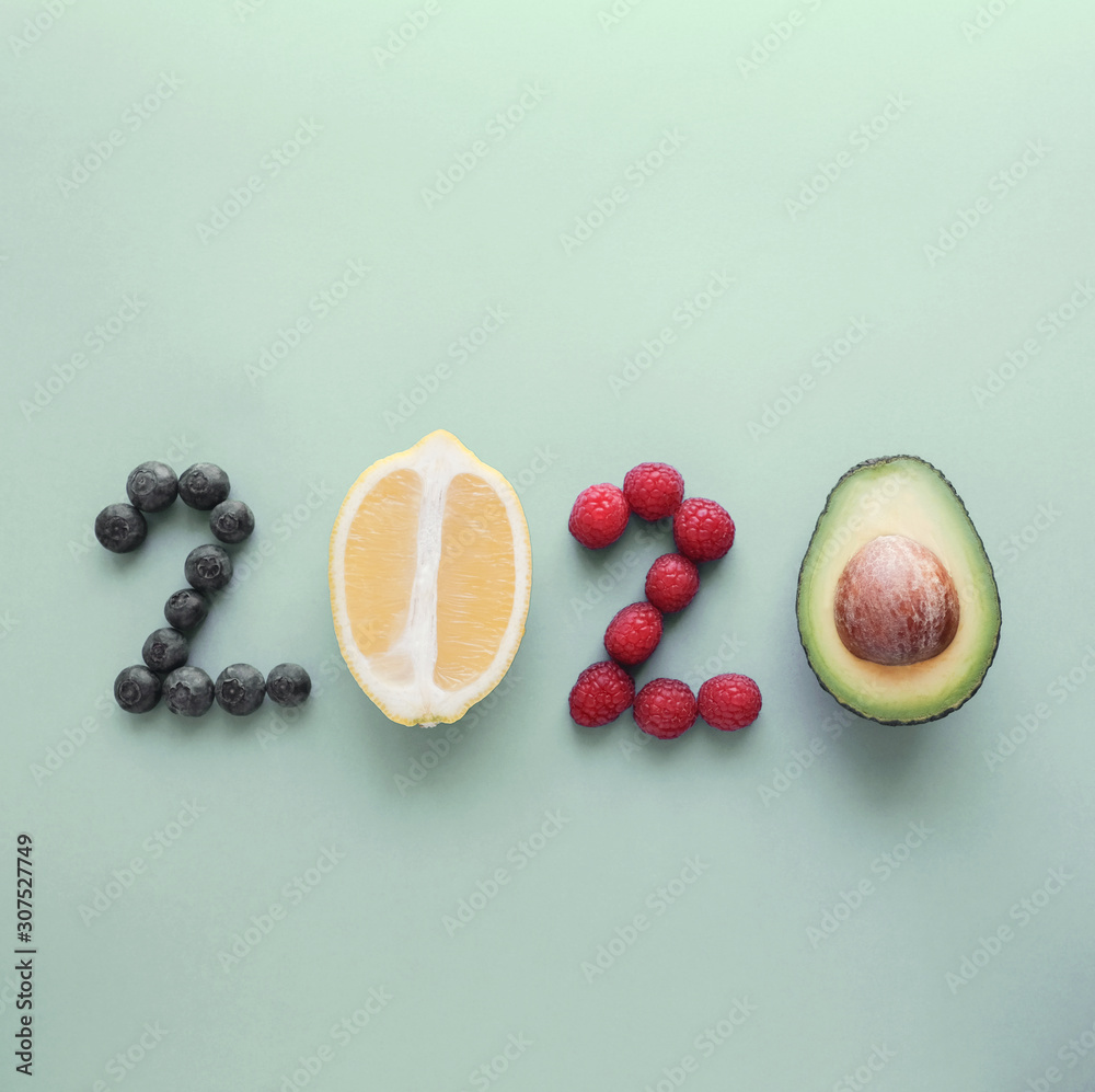 2020 made from healthy food on pastel background, Healthy New year resolution diet and lifestyle - obrazy, fototapety, plakaty 