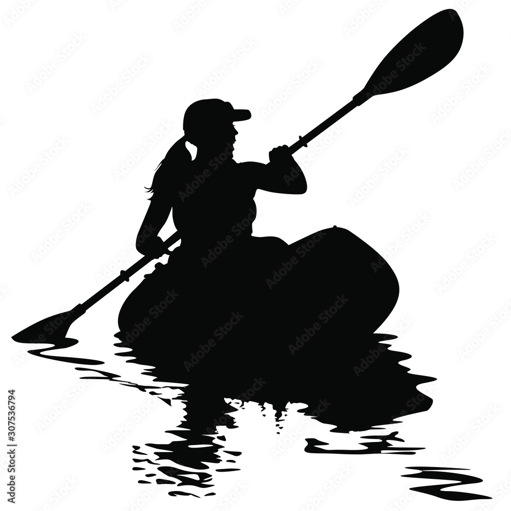A vector silhouette of woman kayaking. - obrazy, fototapety, plakaty 