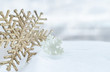 © Shubby Studio - Christmas of  winter - Christmas Snowflakes on snow, Winter holidays concept. White and Golden Snowflakes decorations In Snow Background