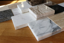 Color Samples Of Marble  On Oak Wood Table, Stone Surface