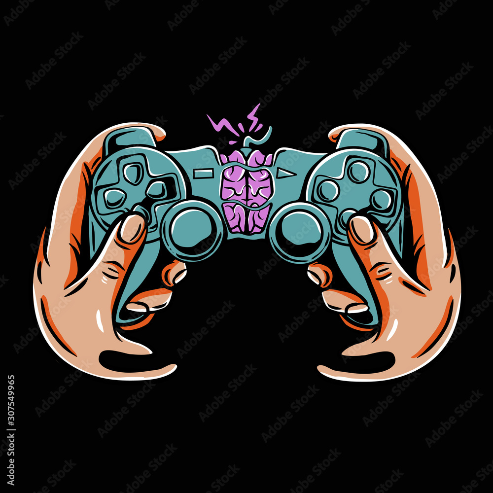 Game controller with brain inside vector illustration. Gamepad joystick for playstation with melted hands in pop art style. Zombie Gaming tshirt design. Illustration for stickers, or poster
