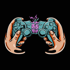 Game controller with brain inside vector illustration. Gamepad joystick for playstation with melted hands in pop art style. Zombie Gaming tshirt design. Illustration for stickers, or poster