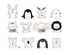 Poster With Cute Animal Portraits For A Card, Baby Shower, Sticker For A Children S Bedroom. Doodle Illustration Rabbit, Penguin, Deer, Cat, Elephant, Lion, Koala, Bear, Hedgehog, Wolf, Fox. Vector