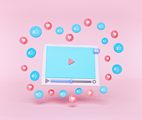 Poster - Social media network concept. minimal 4k video player with like and hearts isolated on pastel background. 3d rendering
