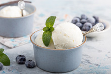 Homemade  Vanilla Ice Cream With Fresh Mint. Sweet Berry Summer Dessert. Concrete Background Copy Space
