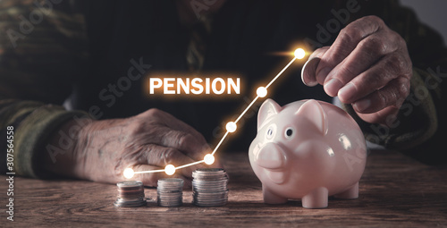 Fotografía Elderly woman putting money to piggy bank. Growth chart. Pension
