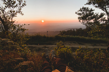 landscape mountains forests sky in the evening