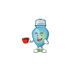 Poster - Sweet blue christmas bulb cartoon character with a cup of coffee