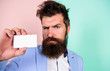 © be free - self presentation. serious bearded man business card. copy space. mature businessman. blank piece of paper. barbershop concept. best barber master. barber shop for gentlemen. brutal male beauty